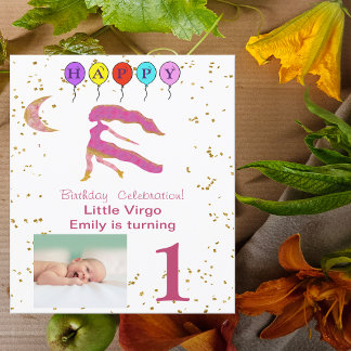 Virgo First Birthday Gold, Balloons und Foto Einladung