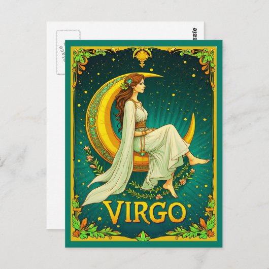 Virgo Maiden Sitzen auf dem Crescent Moon Postkarte (Vorne/Hinten)
