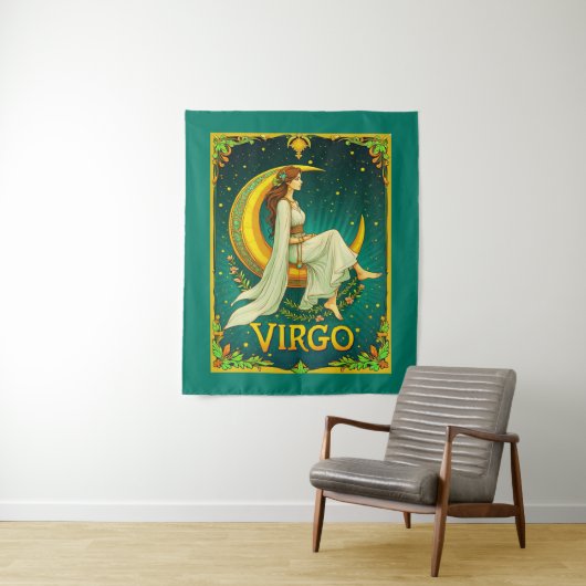 Virgo Maiden Sitzen auf dem Crescent Moon Wandteppich (Beispiel)