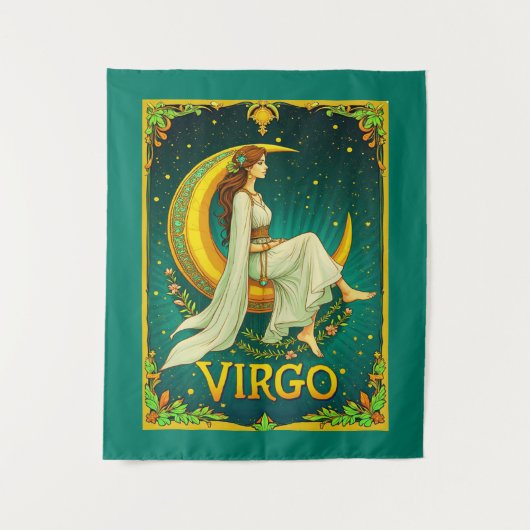Virgo Maiden Sitzen auf dem Crescent Moon Wandteppich (Vorderseite)