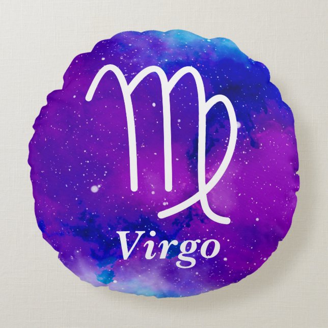 Virgo Symbol Lila Blauer Nebel Rundes Kissen (Vorderseite)