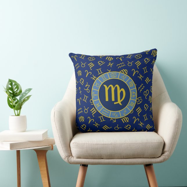 Virgo Zodiac+Astrologie Symbole Muster Gold+Blues Kissen (Stuhl )