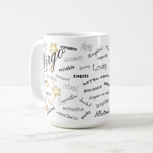Virgo Zodiac Astrologie Züge Konstellation Text Kaffeetasse (Vorderseite Links)