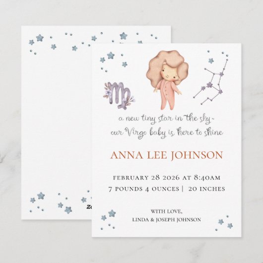 Virgo Zodiac Birth Announcement Feiertagskarte (Vorne/Hinten)