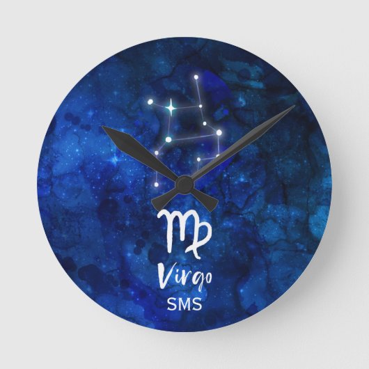 Virgo Zodiac Constellation Blue Galaxy Monogram Runde Wanduhr (Vorderseite)