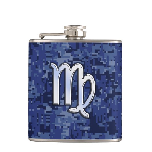 Virgo Zodiac Sign auf Navy Blue Digital Camouflage Flachmann (Vorderseite)
