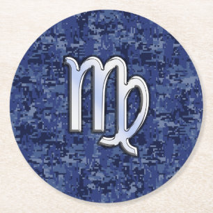 Virgo Zodiac Sign auf Navy Blue Digital Camouflage Runder Pappuntersetzer