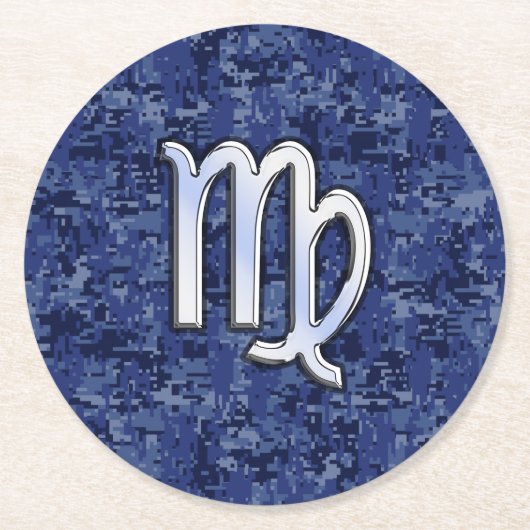 Virgo Zodiac Sign auf Navy Blue Digital Camouflage Runder Pappuntersetzer (Vorderseite)