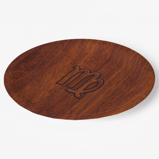 Virgo Zodiac Sign in Rich Mahogany Wood Style Pappteller (Schrägansicht)