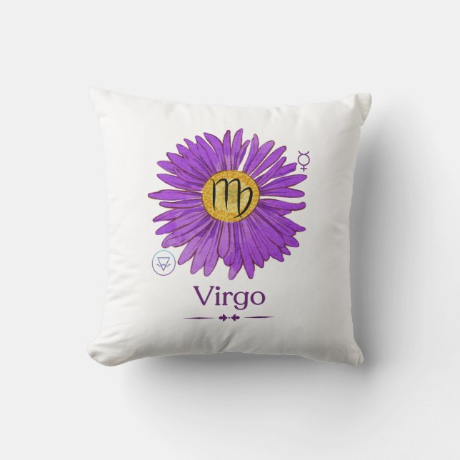 Virgo Zodiac Sign Throw Kissen Lila Aster Blume (Vorderseite)