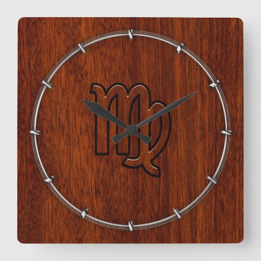 Virgo Zodiac Signature im Mahagoni-Holzstil Quadratische Wanduhr (Vorderseite)