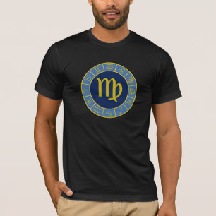 Virgo Zodiac Wheel+Astrologie Symbole Gold+Blues T-Shirt