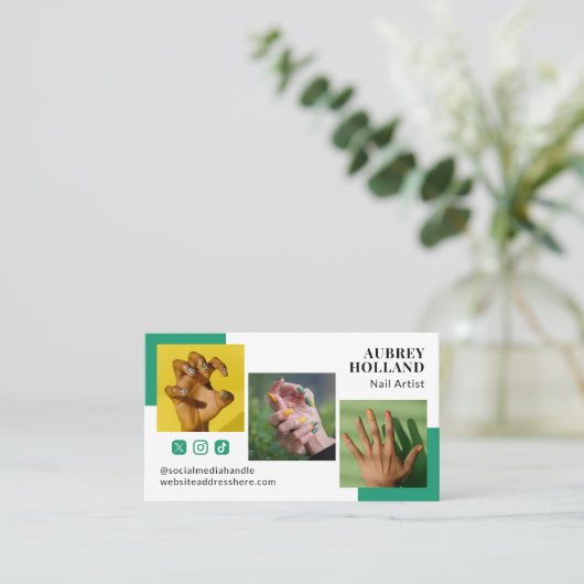 Viridian Green 3 Fotos Social Media Nail Artist Visitenkarte (Stehend Vorderseite)