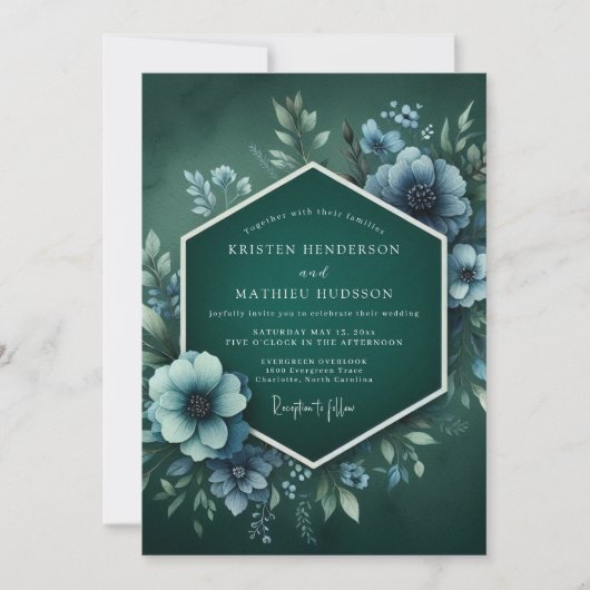 Viridian neblige Anemonen-Hochzeit Einladung (Vorderseite)