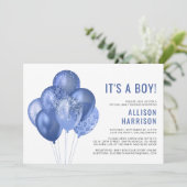 Virtual Baby Boy Dusche Blue Glitzer Balloons Einladung (Stehend Vorderseite)