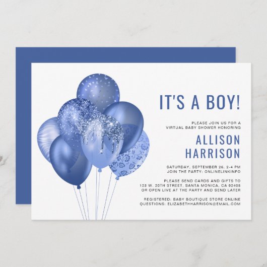 Virtual Baby Boy Dusche Blue Glitzer Balloons Einladung (Vorne/Hinten)