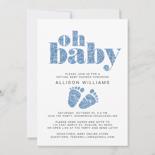Virtual Baby Boy Dusche Blue Glitzer Einladung (Vorderseite)