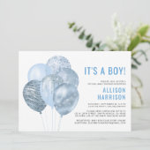 Virtual Baby Boy Shower Balloons Blue Glitzer Einladung (Stehend Vorderseite)