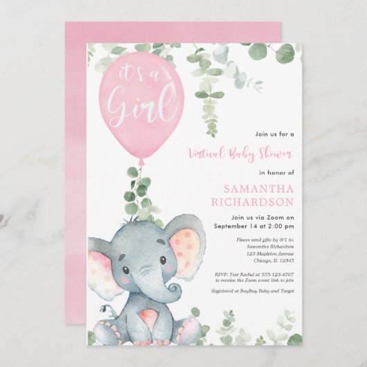 Virtual baby Dusche Elefant rosa Ballons Mädchen Einladung (Vorne/Hinten)