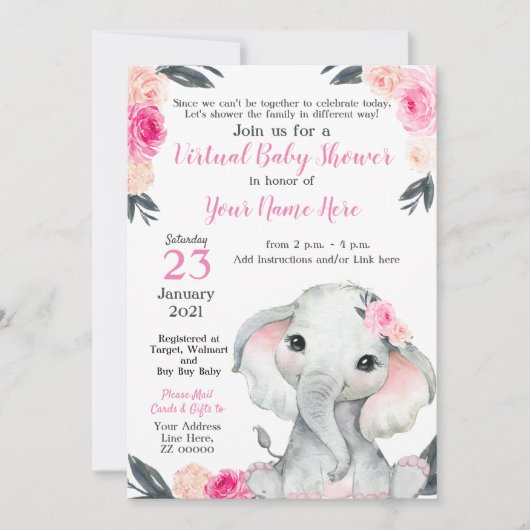 Virtual Baby Dusche Elephant Pink Roses Girl Card Einladung (Vorderseite)