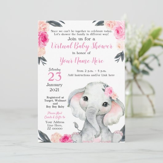 Virtual Baby Dusche Elephant Pink Roses Girl Card Einladung (Stehend Vorderseite)