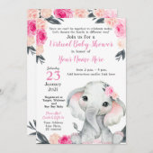 Virtual Baby Dusche Elephant Pink Roses Girl Card Einladung (Vorne/Hinten)