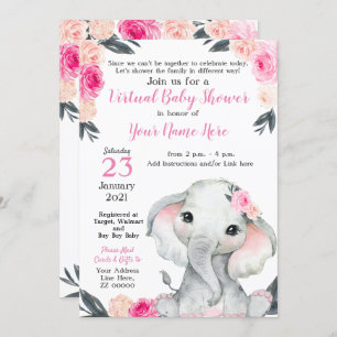 Virtual Baby Dusche Elephant Pink Roses Girl Card Einladung