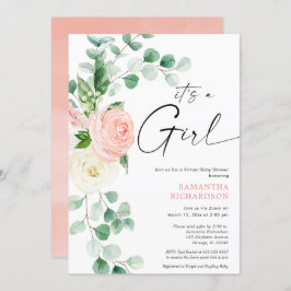 Virtual baby Dusche Feder Blumenrosa Grün Einladung