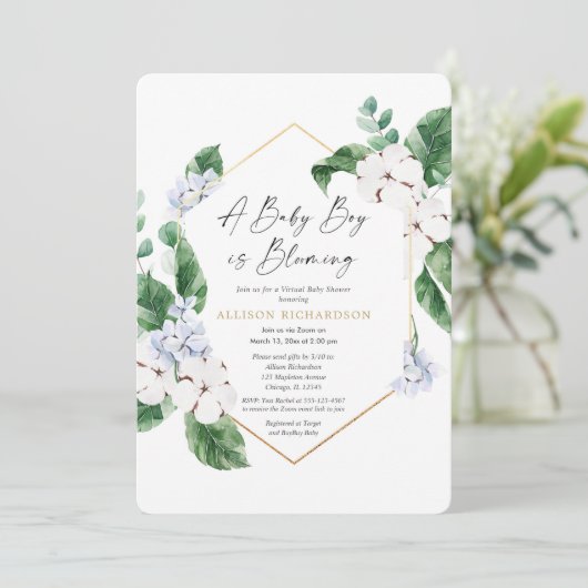 Virtual Baby Dusche Frühling blühender Goldjunge Einladung (Stehend Vorderseite)