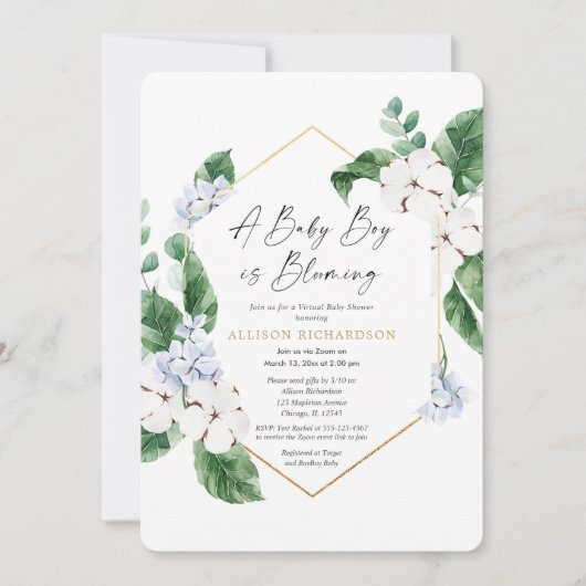 Virtual Baby Dusche Frühling blühender Goldjunge Einladung (Vorderseite)