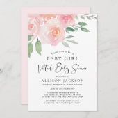 Virtual Baby Dusche Girl Pink Floral Wasserfarbe Einladung (Vorne/Hinten)