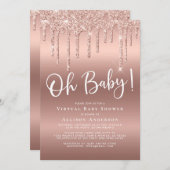 Virtual Baby Dusche Glitzer Tropfen Rose Gold Einladung (Vorne/Hinten)