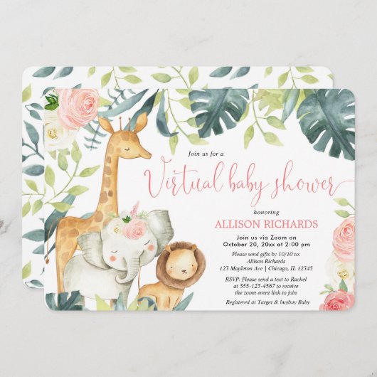 Virtual Baby Dusche Mädchen rosa Blumensafari Tier Einladung (Vorne/Hinten)