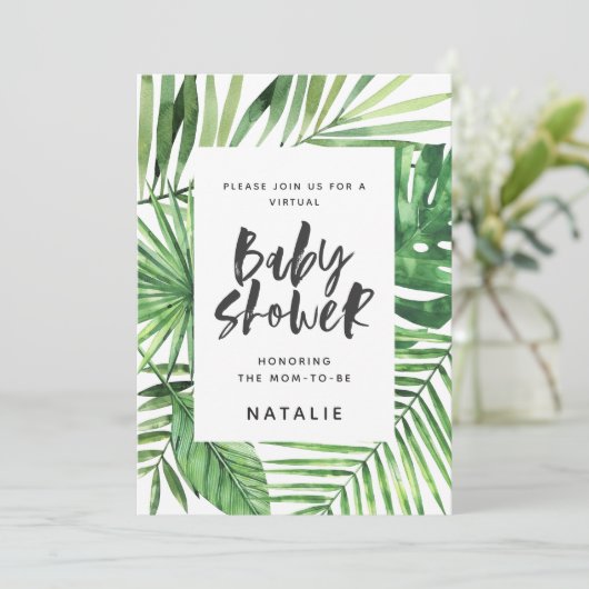 Virtual-Baby-Dusche mit tropischer Palmblattschrif Save The Date (Stehend Vorderseite)
