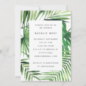 Virtual-Baby-Dusche mit tropischer Palmblattschrif Save The Date (Rückseite)