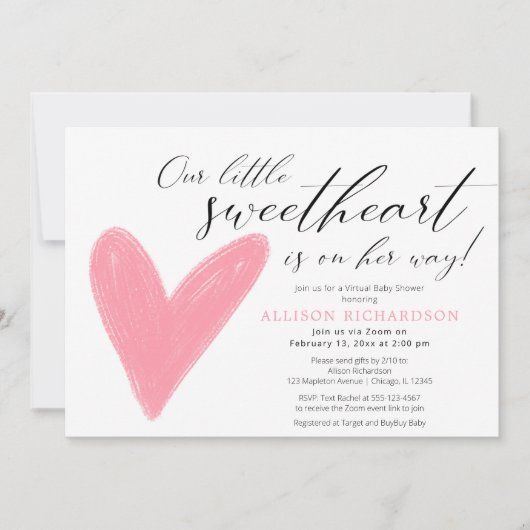 Virtual Baby Dusche Moderne Valentine rosa Weiß Einladung (Vorderseite)