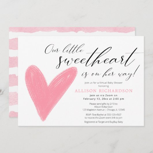 Virtual Baby Dusche Moderne Valentine rosa Weiß Einladung (Vorne/Hinten)