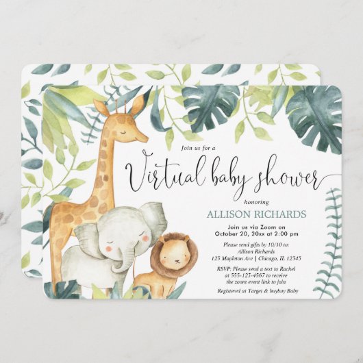 Virtual Baby Dusche niedlich Safari Dschungeltiere Einladung (Vorne/Hinten)