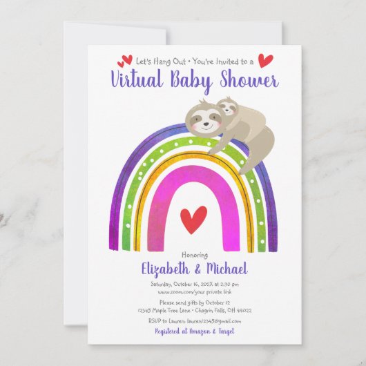 Virtual Baby Dusche Niedlich Sloth Boho Rainbow Mo Einladung (Vorderseite)