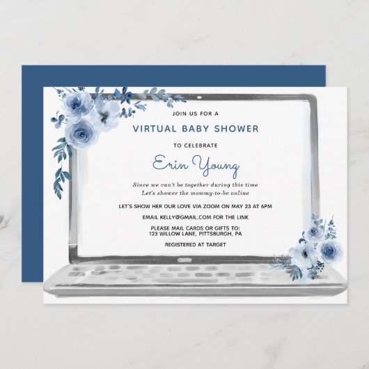 Virtual Baby-Dusche Notebook mit blauen Blumen Einladung (Vorne/Hinten)