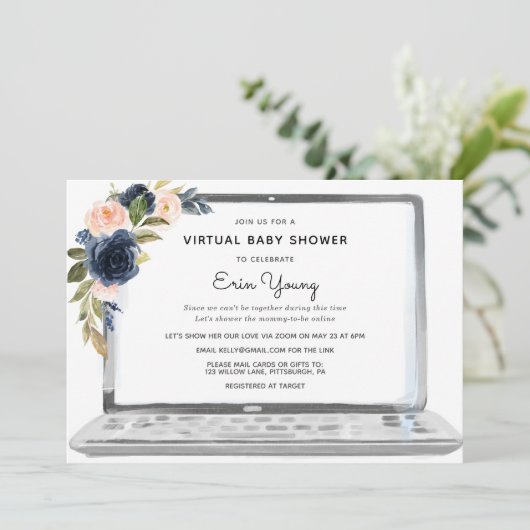 Virtual Baby Dusche Notebook Navy & Blush Blume Einladung (Stehend Vorderseite)