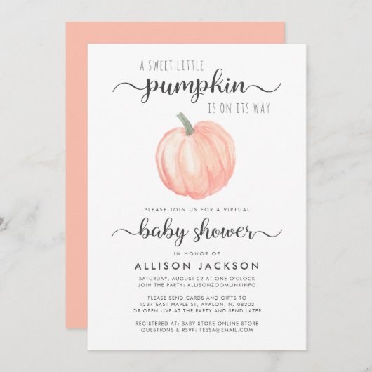Virtual Baby Dusche Orange Pumpkin Wasserfarbe Einladung (Vorne/Hinten)