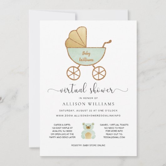 Virtual Baby Dusche Pastel Green Retro Carriage Einladung