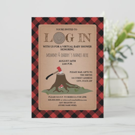 Virtual Baby-Dusche per Mail Anmeldung in Lumberja Einladung (Stehend Vorderseite)