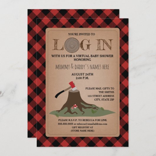 Virtual Baby-Dusche per Mail Anmeldung in Lumberja Einladung (Vorne/Hinten)