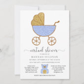 Virtual Baby Dusche Retro Carriage Glitzer Blau Einladung (Vorderseite)