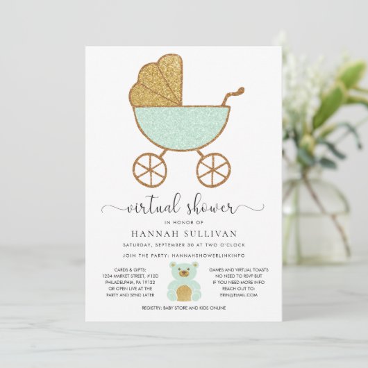Virtual Baby Dusche Retro Carriage Glitzer Minze Einladung (Stehend Vorderseite)