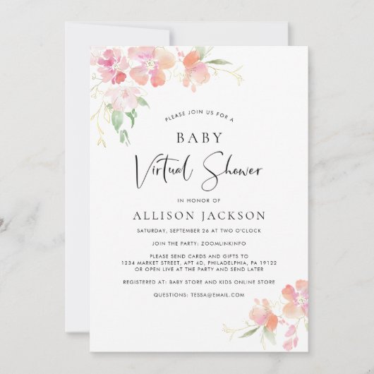 Virtual Baby Dusche | Rosa Blumenfarbe Einladung (Vorderseite)