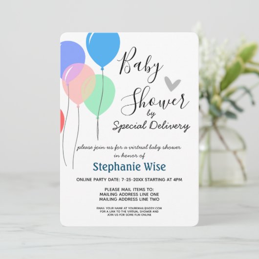 Virtual Baby Dusche von Mail Balloons Einladung (Stehend Vorderseite)