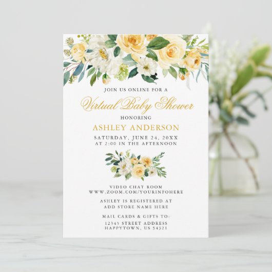 Virtual Baby Dusche Wasserfarbe Gelbe Blüte Einladung (Stehend Vorderseite)